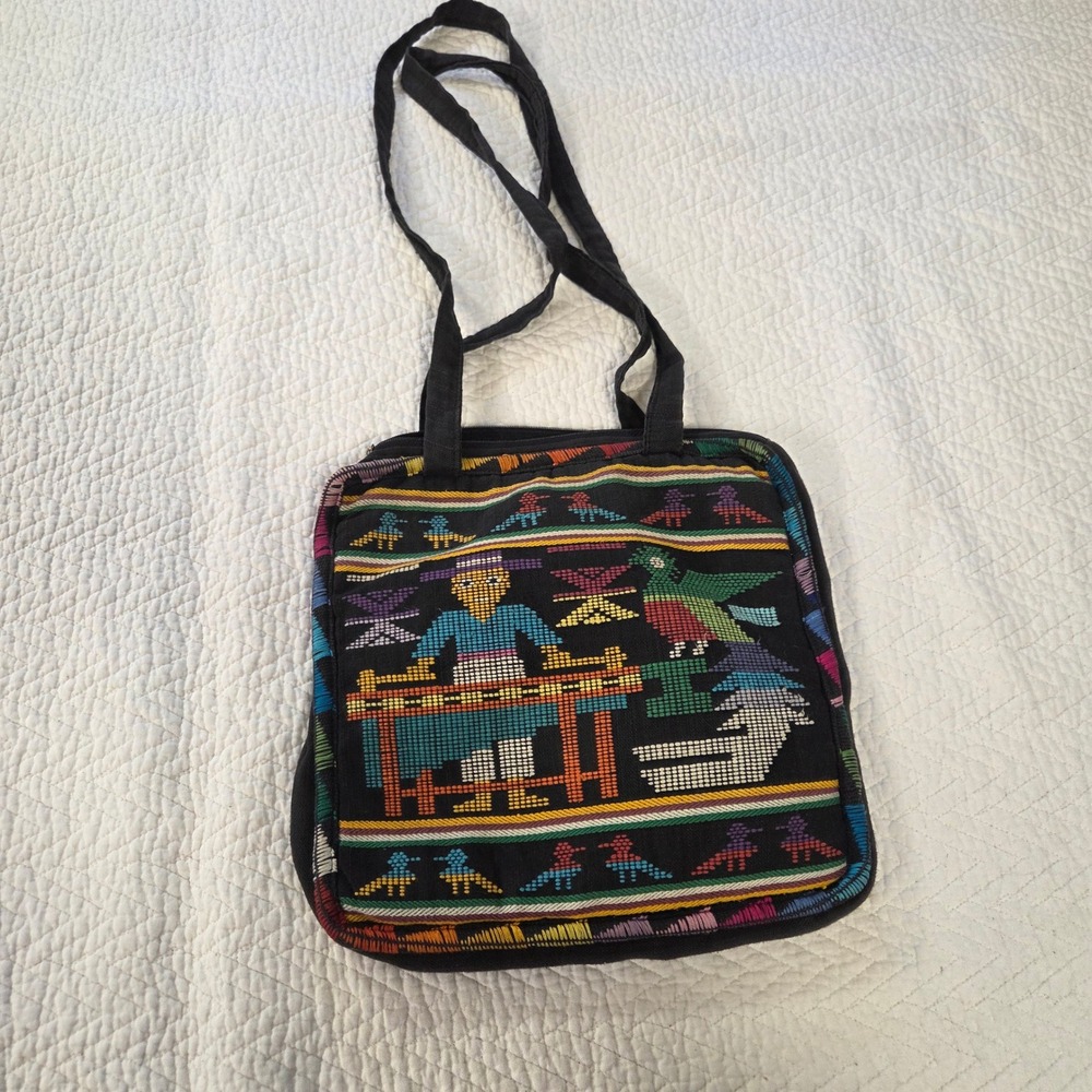 Vintage Guatemalan Handwoven Folk Art Tote Bag Black Multi Color Mayan Huipil